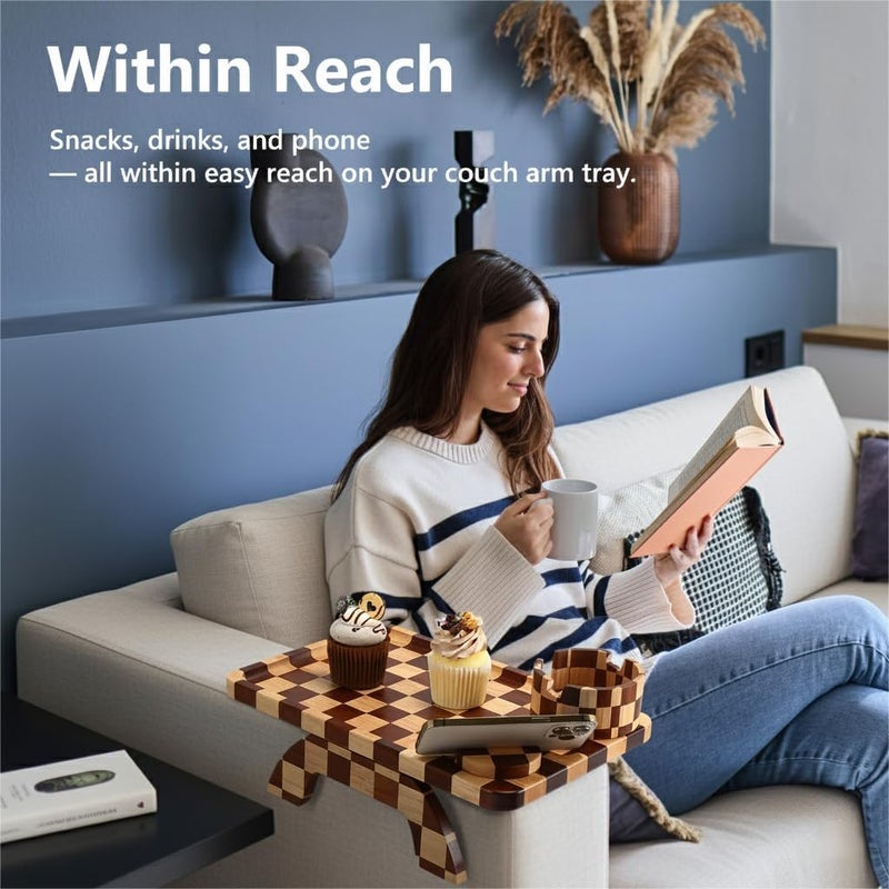 Acanacle Couch Arm Table with Gift Box, Checkered Carbonized Rubber Wood Sofa Armrest Tray, 3-in-1 Clip-on Large Couch Cup Holder Tray & Phone Stand for Drinks, Snacks & Remote - Image 3